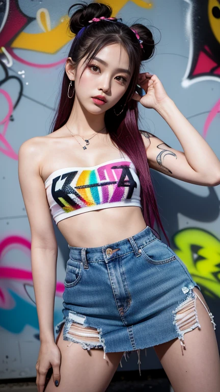 Masterpiece, best quality, realistic, 1 girl, solo, crop top , denim shorts, necklace, (graffiti:1.5), paint splash, behind arm, against a wall, looking at the audience, armbands, thigh straps, paint on body, head tilt, boredom, multicolored hair, aqua eyes,