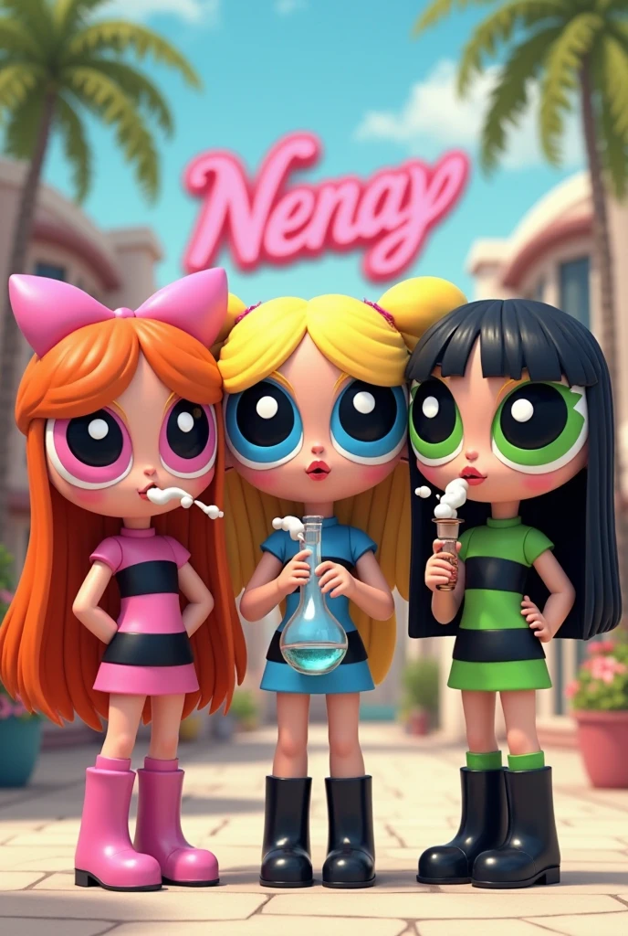 Create eye-catching style featuring attractive women such as: "Luis-Griffin' from 'Family Guy' and "Marge-Simpson" from 'The Simpsons' inspired drawn in the style of "Life-is-Strange" video game characters as well as "Fortnite" video game characters; with her sarcastically attractive facial expression while twerking in the foreground. Dressed in a pastel colored lingerie fashion of neon effects, they should have a attractive bodies with a nice rounded bodies, isometric pixel art, 64x64, digital art. Use the colors of: Black, white, pastel pink, neon green, purple, yellow, and cerulean blue fantasy background. Make the characters styles of hand-painted textures to give its graphics a canvas-like feel.