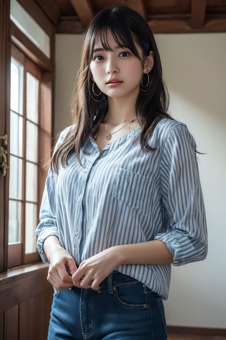 ((Highest quality, 8k, masterpiece :1.3)), One girl, Beautiful woman with slim abdominal muscles :1.3, (Random Hairstyles, Huge breasts :1.2), Casual clothing :1.2, indoor, Highly detailed face, Fine grain, double eyelid、Japanese women、Wearing uniform