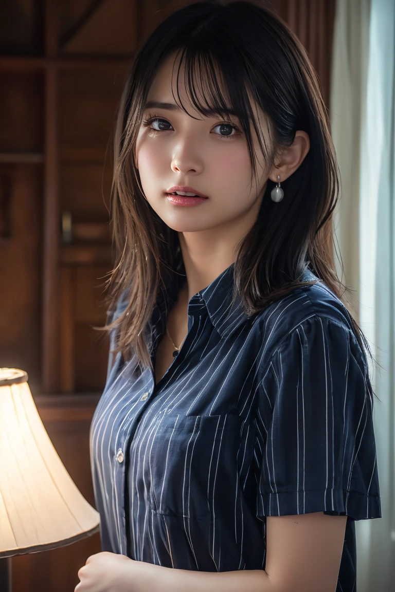 (masterpiece, Highest quality, RAW Photos, Realistic:1.2), One girl, avert your eyes, sad, beautiful girl, cute, Delicate girl, Put your hair up, Depth of written border, High resolution, 非常にdetailedな, detailed, 非常にdetailedな目と顔, Realistic students, Sharp focus, Cinema Lighting, Upper Body, bangs, Silk shirt,