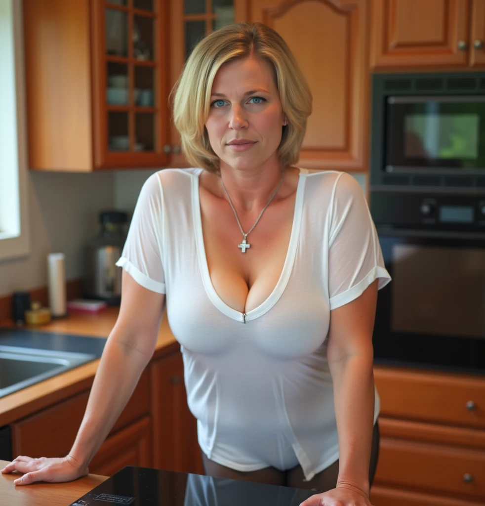 Jane Fonda, her name is Frida, high quality, 1 old woman, ((50-year-old chubby swedish woman)), ((((50 years old)))), ((((aged body)))), ((saggy skin)), (((wrinkled body))), , (wide hips), long wavy brown hair, ((light eyes)), (((no make up))), (pale skin), ((Curvy Body)), Big nose, milf, dynamic POSE: STANDING, ((she is nude)), seductive, sultry, BACKGROUND: indoor: vintage swedish kitchen ((realistic vagina))