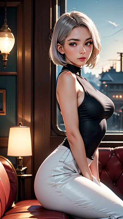 The blonde woman sat in a chair,White top,Black shorts, Young and beautiful, Girl with short white hair, Perfect white haired girl, cleavage,White skin of the,her legs splayed out,