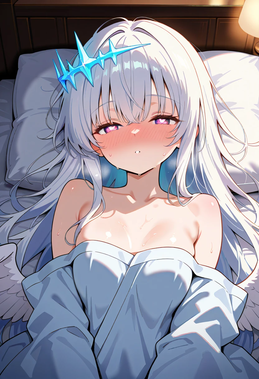 in bed with Azusa, Azusa_sucks_my_cock, cumming Azusa_blue_archive,two_wings,absurdres,Yellow_halo,white_hair,blush,cleavage,closed_mouth,halo,small_breasts,nose_blush,off_shoulder,thighs,white_shirt,best quality,purple eyes