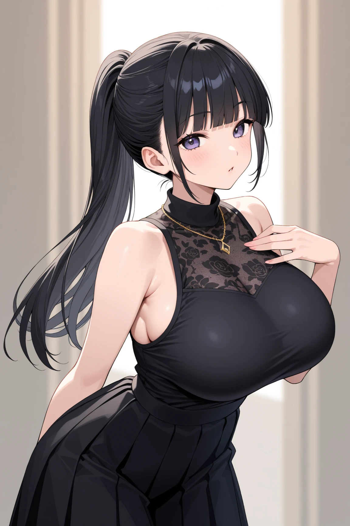 Dark gray silk cheongsam，Long black hair，Wavy hair style，Huge Breasts，cleavage，sexly，Lipstick，Gray eyes，stockings，Smile，earrings，lipstick，Nipple showing，plump figure，BIG ASS，Outside the street，Sunlight，There is a gold bracelet on the right hand