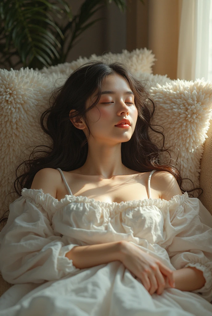 ((masterpiece, highest quality, Highest image quality, High resolution, photorealistic, Raw photo, 8K, Extremely detailed CG unified 8k wallpaper)), (huge stunning goddess shot, very hot and sexy, jaw-dropping beauty, perfect proportions, beautiful body, slim body beauty:1.4), The last scene of a romantic film, a Asian woman sleeping on her favorite couch on a sunny holiday afternoon, a gentle breeze gently shaking the lace curtains, “ULTRA 85” written in the center of the screen, (view from below:1.4),