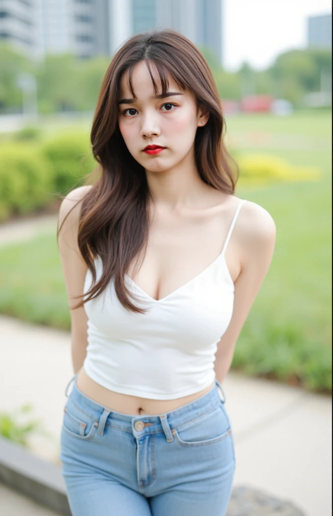 Gorgeus Girl, Beautiful, , 20 Years Old, White Skin, Beside, Sexy Pose, wearing tank top, Bokeh, park Background, Masterpiece, asking for a hug, full body Shot