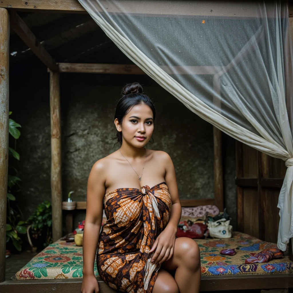 A 52 years old naked Indonesian woman in peach color hijab, smiling sitting on the stool in the old wooden cabin in a bamboo forest, look to the viewer with eye close, dense pubic hair, darker skin, curvier body, short body