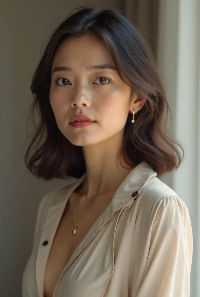 ((((highest quality))))、(((Ultra-precision CG16K wallpaper)))、(((masterpiece)))、(((Super detailed)))、(((super extreme details)))、１people&#39;s women、mature woman、24 year old woman、((Japanese face))、((very beautiful face))、((Zuo々Ki Nozomi:1.5))、((straight shoulder length hair))、(shiny brown hair)、bangs up to eyebrows、beautiful brown hair、beautiful delicate eyes、brown eyes、raised eyebrows、high nose、small nostrils、small mouth、seductive lipouth slightly open、beautiful breasts、((C cup size breasts))、cleavage、plump body、(Chubby body type)、perfect proportions、perfect anatomy、perfect composition、beautiful detailed shading、beautiful natural lighting、beautiful detail glow、Depth of the bounds written、(((High chroma)))、(((real:1.9)))、((vivid:1.5))、((edge:1.6))、((beautiful skin))、((skin texture))、((Realistic skin feel))、(((cowboy shot、Thigh:1.5)))、((view from front:1.5))、((shy smile:1.6))、(Eyes looking at me:1.5)、Daytime forest、bright sunshine、Natural light、(((in the forest:1.3)))、(standing pose:1.5)、(((Light moss green color bell sleeve sweater clothing:1.6)))、((earrings、wearing necklace:1.2))、