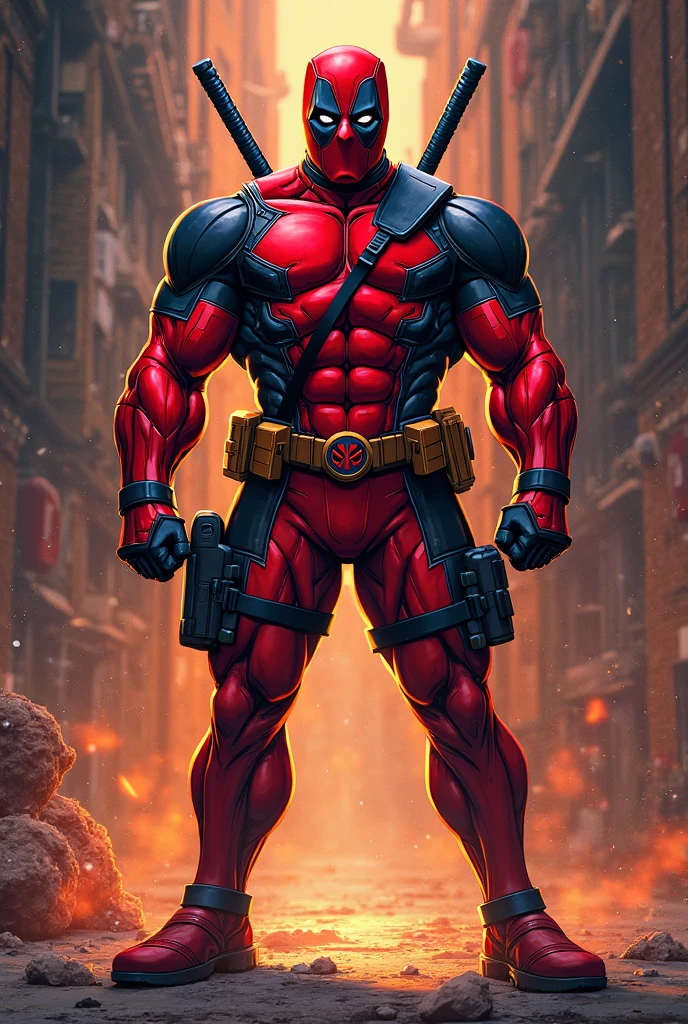 DeadPool overly muscular, alpha male, nicebolge, huge pecs (huge: 2.5), sexy pose, huge ass, muscular thighs, full body, in a destroyed city setting.
