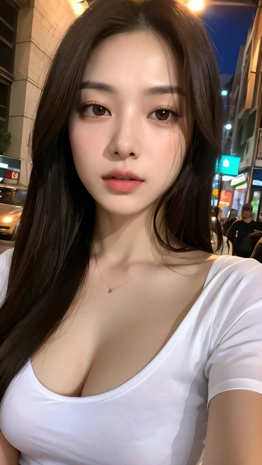 ((deep in the night, Need, 8K, tmasterpiece:1.3)),（realisticlying：1.4），RAW photogr，figure portrait，Very wide lens，closeup cleavage，weeping，scowling，Jumpy，streaming tears，Solitude，（True skin texture：1.3），（filmgrain：1.3）  Focalors:1.2, perfect figure beautiful woman:1.4, nakeness，((Long dark brown curly hair, huge tit:1.2 )), standing on your feet:1.2), ((city night scene, )), Highly detailed facial and skin texture, A detailed eye, 二重まぶた