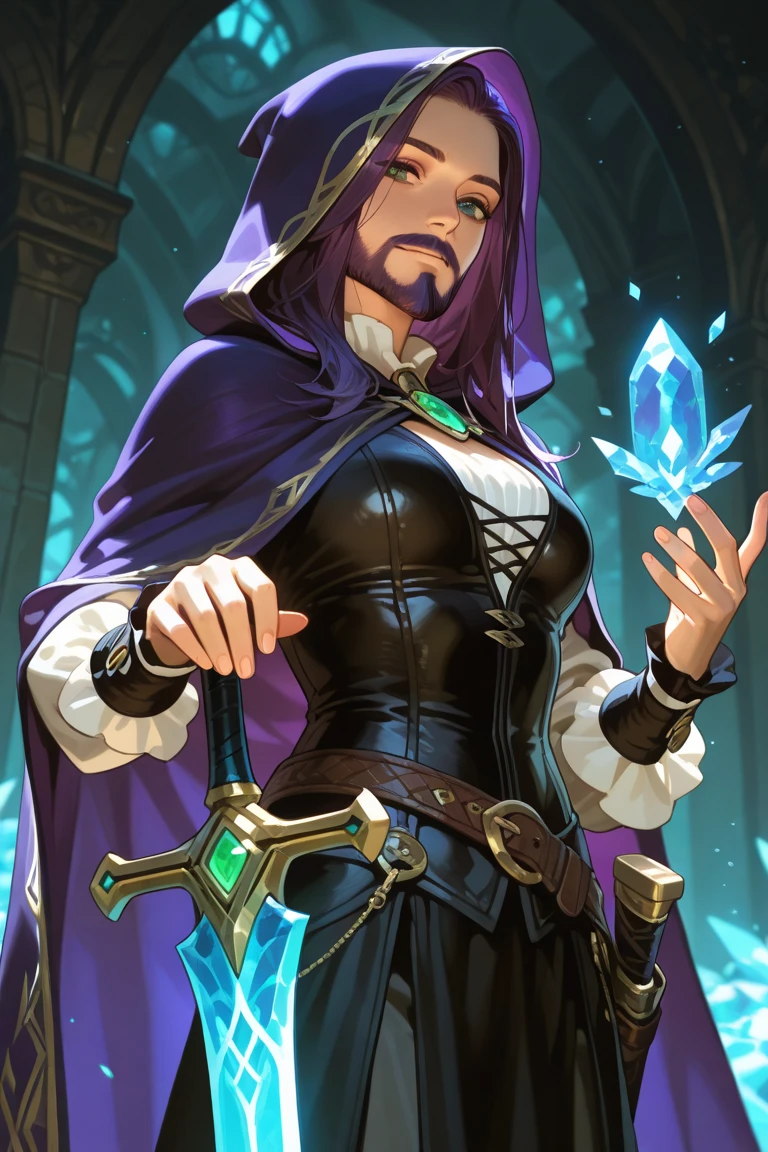 (masterpiece:1.1),(best quality:1.1),extremely detailed,(original design:1.1),(unique accessories:1.1),(medieval fantasy:1.1),professionally retouched,(close-up:1.1),portrait,evening,female sorceress,(infused with magical energy:1.2),staff,(tattered:1.2),(evil:1.4),particle effects,(arrogant:1.4),smirk,dark hair