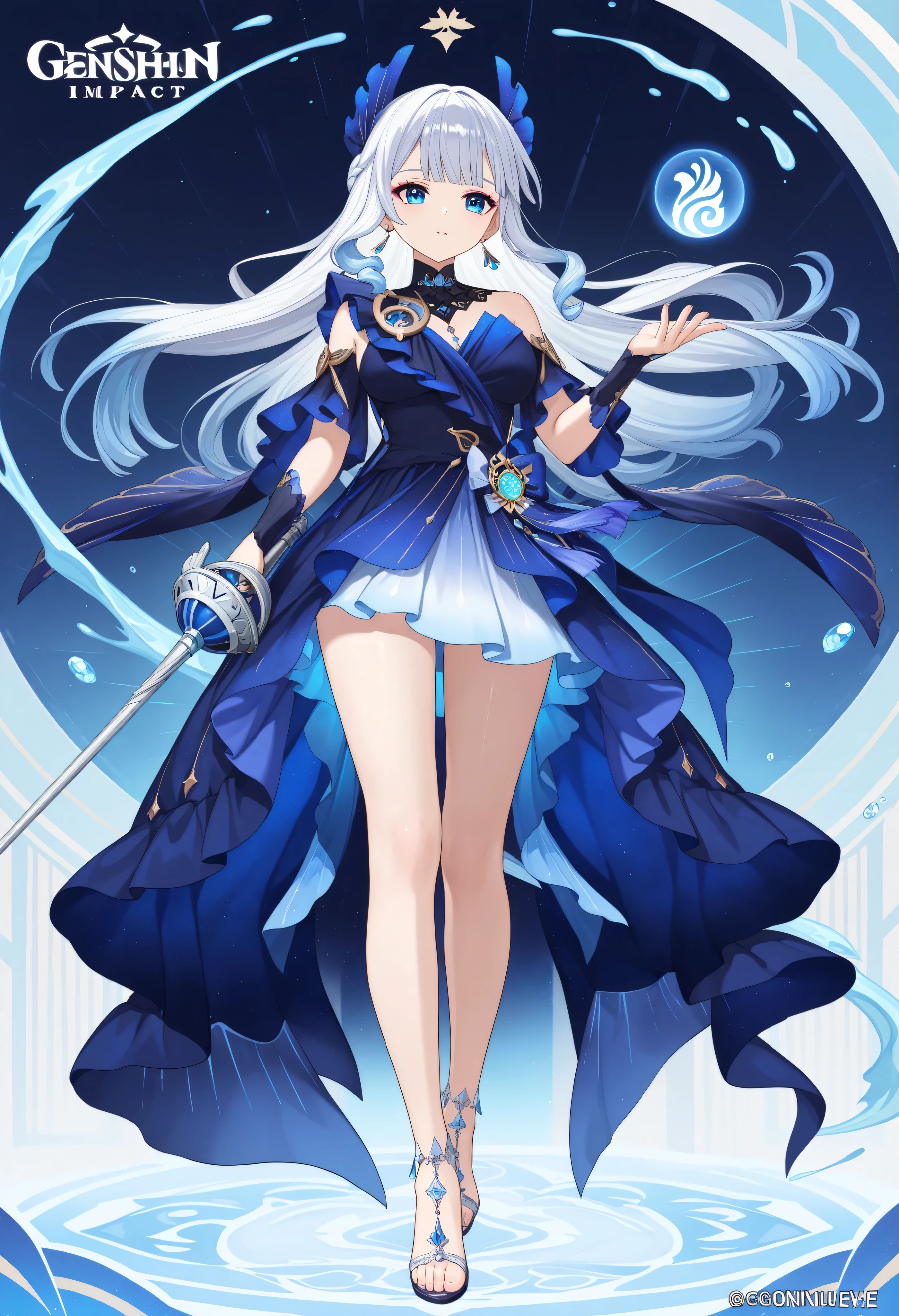  Girl with long hair, white to navy hair, anime aesthetic, anime vibes, Anime, noble girl, anime art wallpaper 4 k, anime art wallpaper 4k, anime art wallpaper 8 k, anime background art,anime asthetic, masterpiece , top quality, woman, ((azure eyes)).  solo, ager, young woman.azure eyes.white to navy hair.white to navy long hair. hairstyle.makeup.earrings. flowing medium silver and blue dress. small flowing navy silk thin cloths in back. Skirt has uneven hemline thats short in front and long in back, Holding silver/navy elaborate luxury rapier in right hand embedded with blue gemstones. genshin impact. mihoyo. wuthering waves hydro blue vision. Glowing Water motifs.((genshin impact style)), light blue, ((full body)) (hot body)
