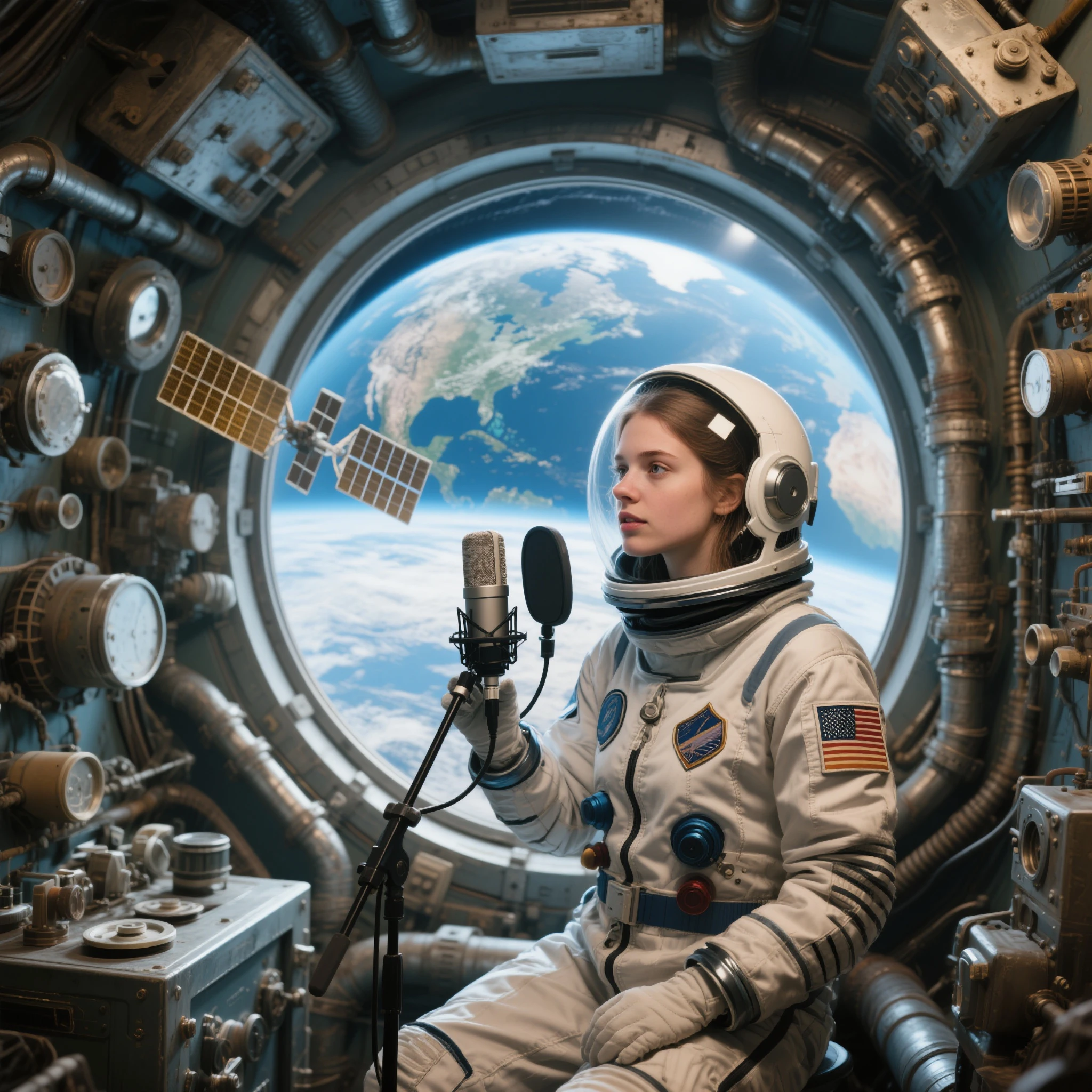 ((Best quality)), ((Masterpiece)), ((Realistic)), Color film 35mm 1976, Pulp sci-fi, director:Fred Wilcox, A female astronaut photographed on a Mitchell BNC camera, Sit in a chair with a glass dome overhead, Astronaut helmet,analog photograph, author:Stanley Kubrick, Wide shot, Solo, Daylight, Eye-level, scenic, Masterpiece :0.5. Highly detailed digital art masterpiece, Smooth cam de soft light, Ground angle HD 8 K, Sharp focus :0.5