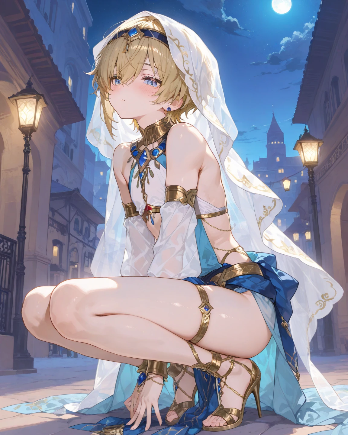:1.6, Top quality, masterpiece, ultra high resolution, , (top quality, high resolution, 4K, detailed lighting, shaders, perfect anatomy, perfect proportions), eye of the beholder, (masterpiece, top quality) (top quality, 4K, 8K, high resolution, masterpiece: 1.2), highly detailed, (masterpiece: 1.3, top quality, ultra high resolution, ultra detailed), (top quality: 1.2), perfect eyes, perfect face, perfect lighting, (top quality, 4K, 8K, high resolution, masterpiece: 1.2), highly detailed, (top quality, 4K, 8K, high resolution, masterpiece: 1.5), highly detailed, masterpiece, top quality, ultra detailed, top quality, high resolution, 32K CG, very delicate and beautiful, illustration, high resolution, sharp focus, front lighting, glow, girl 1 person, solo, smiling, very beautiful and detailed anime face, very detailed eyes, ((masterpiece)), ((best quality)), (super detailed), ((cute)), cute, ((very detailed)), 4K, (8K), best quality, (best quality, 8K, 32k, masterpiece, super high resolution, very detailed, impressionistic:1.2), blurred background, (((two arms))) , (((two foot))), ((((four fingers and 1 thumb)))), Best quality , ((only one naval)),
(Scandinavian beauty). (Beautiful face). (Cute:). (White blonde:). (Hair in a bun). (Bangs swept to the side to show forehead). (Beautiful blue-green eyes). Smiling. Embarrassed. (Profile). (Naked). (Topless). (Bottomless:1.2). (Princess). (Belly dancer). (Breasts, nipples and pubic hair not covered). (Groomed blonde pubic hair). (Small pink areola and nipples). (Big breasts:1.2). (Full breasts). (Beautiful breasts:1.2). (Narrow waist). (Slender body). (Tiara). (Wedding veil). (Gold choker). (Necklace). (Bracelet). (White corsage). (Anklet). (Deserted beach). (Night). (Realistic background).