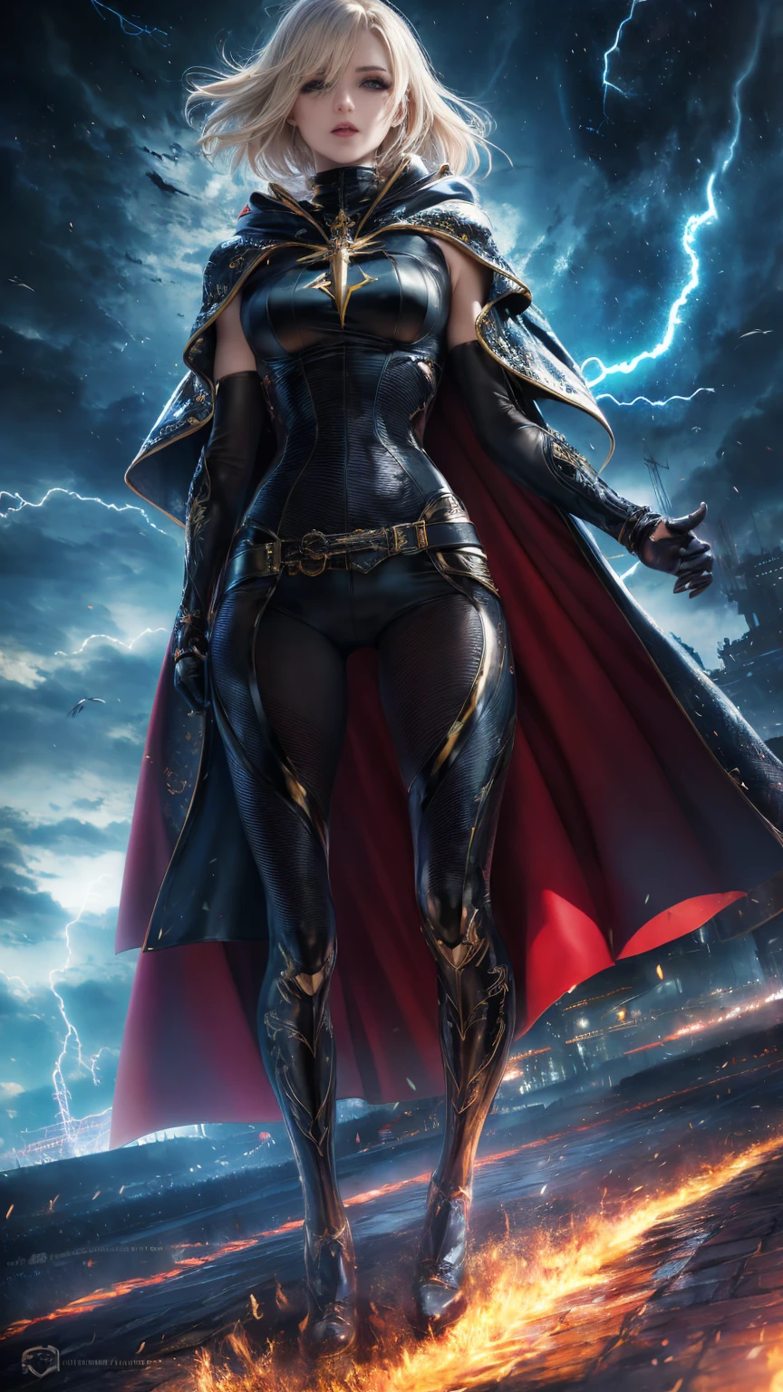 ((Full body photo, standing, feet on the ground)) Best Quality,High resolution,ultra detailed,realist:1.37,professional, Dark skin, dynamic,sequence of images of something or someone in motion,storm character art,x-men storm,storm conjuring lightning,storm with loose white hair,storm with intense look,storm in a powerful pose,strong facial features,The iconic storm cape.,storm surrounded by storm clouds,storm with spectacular lighting,The eyes of the storm shine white.,The storm's lightning powers crackle,storm with an intense expression,storm with determined look,storm with his classic suit,storm floating in the air,storm with winds swirling around it,storm creating a storm,storm throwing lightning,storm cape fluttering in the wind,storm with a fierce and confident stance,vivid colors,bokeh,portrait