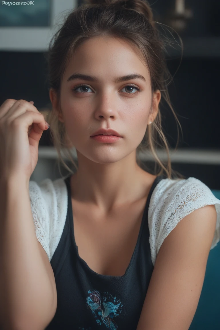 8k,Highest quality, Tabletop, Ultra-high resolution, (Realistic:1.4), RAW Photos, (Real skin texture:1.3), (Film Grain:1.3), (Selfie angle),One Girl, Bun hairstyle, Brown Hair, Sitting, Chair, boredom, Hand supporting chin, Beautiful and detailed eyes and face,Tabletop, Highest quality,close,Upper Body,