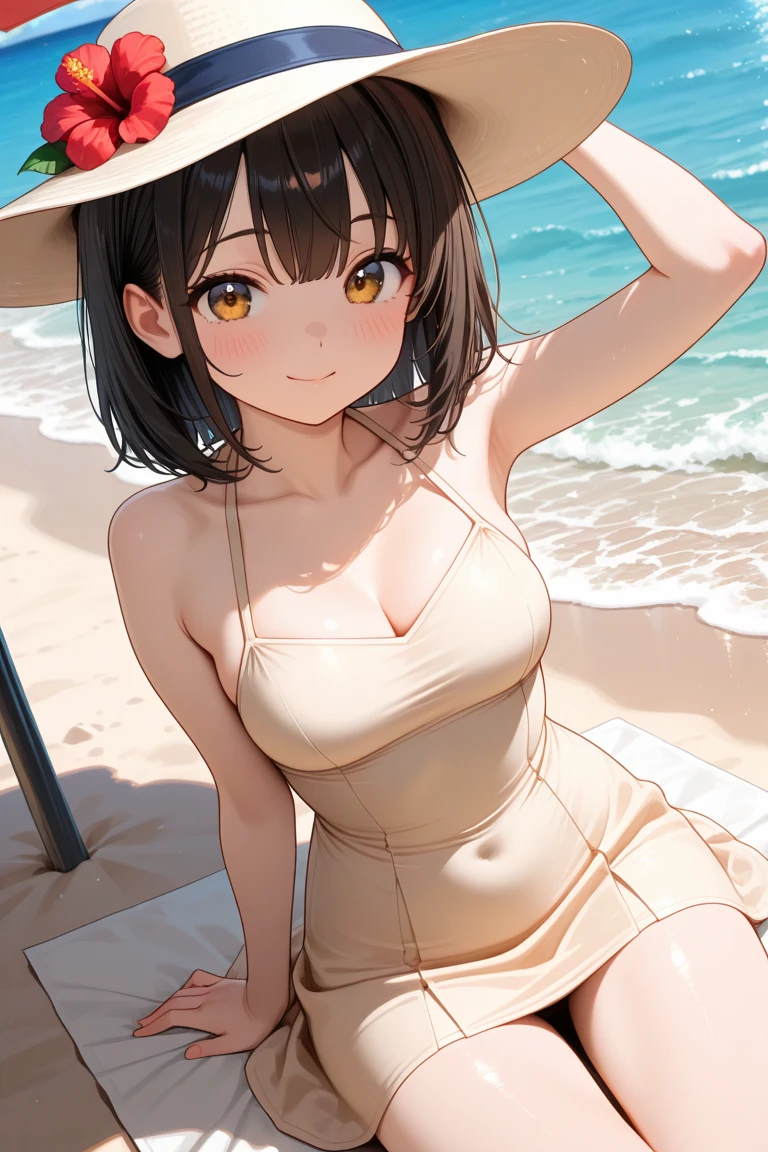 ,Girl,,Flat Chest,naked,Full nudity,Highest quality、High resolution、Detailed Background、Beautiful face in every detail、Teenage Beauute hair colour、Brown Hair、Black Hair、Bobcut、Twin tails、Big smile、boost mood、 Summer sun、Shining Sea,Angle from below、Leg spread、Embarrassing、