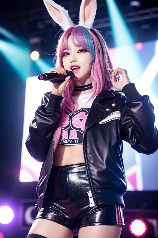 beautiful girl、one person、I have an electric guitar、Leather jacket with spikes、corset、Brown and pink hair、black leather shorts、Black ruffled bra、Spiked leather belt、Lace-up leather boots、choker、live house
