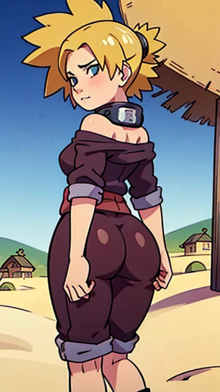 1girl, cowboy shot, minimalist background, simple background, minamalistic background, simplistic background, best quality,  niko, yellow eyes, blue hair, brown hat, hat, brown clothes, brown skin, blue underwear, from behind, wide hips, butt, large butt, large ass, suggestive