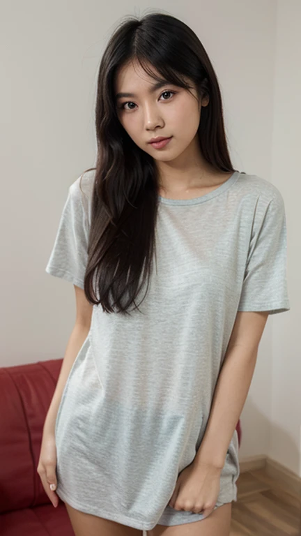 ((( masterpiece, highest quality))), ((girl)),、14 years old、cute、black hair、long hair、low ponytail、wearing a black hoodie and underwear、belly button、Lif、perfect lighting、Natural light、perfect composition、girly bed room、dark room, sitting against her bed frame on a bed, sitting against bed frame.