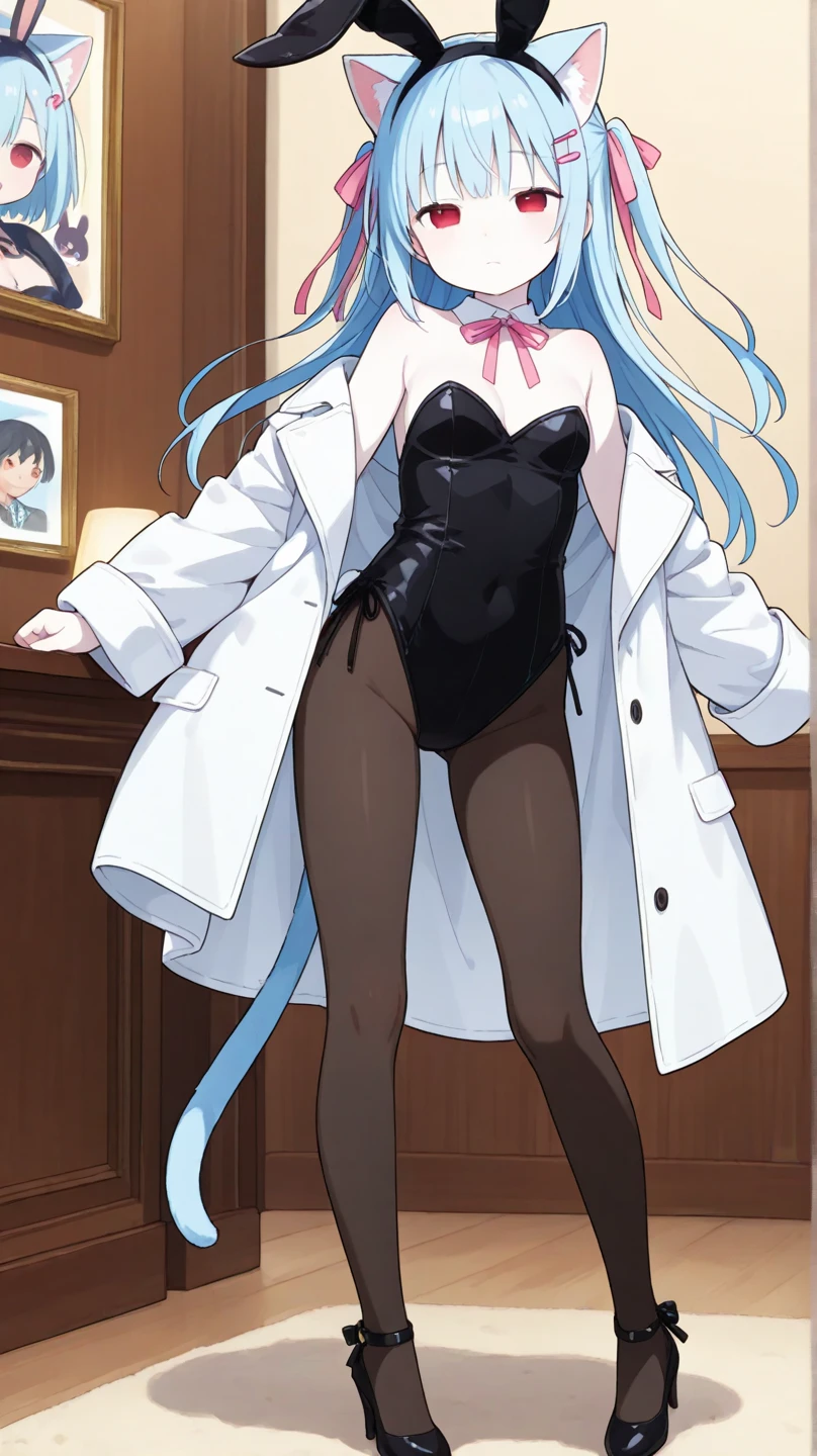in a black bunny girl costume、hair that extends to the waist、pale skin、light blue hair、Light blue cat ears、light blue cat tail、red eyes、Round eyes、half-open eyes、Small closed mouth、pink ribbon、pink hairpin、Black high heels、black pantyhose、Female college student in a white coat with her shoulders sticking out、black rabbit ears headband、Upper breast、standing up picture