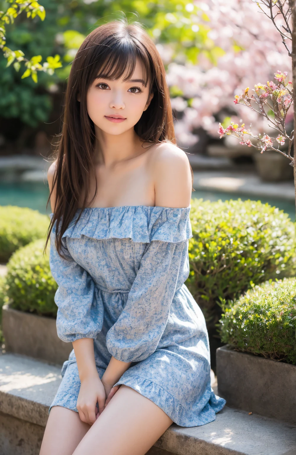 woman, view the viewer, French braided hair , flower halter dress, cleavage, Garden landscape design, (rim-light)