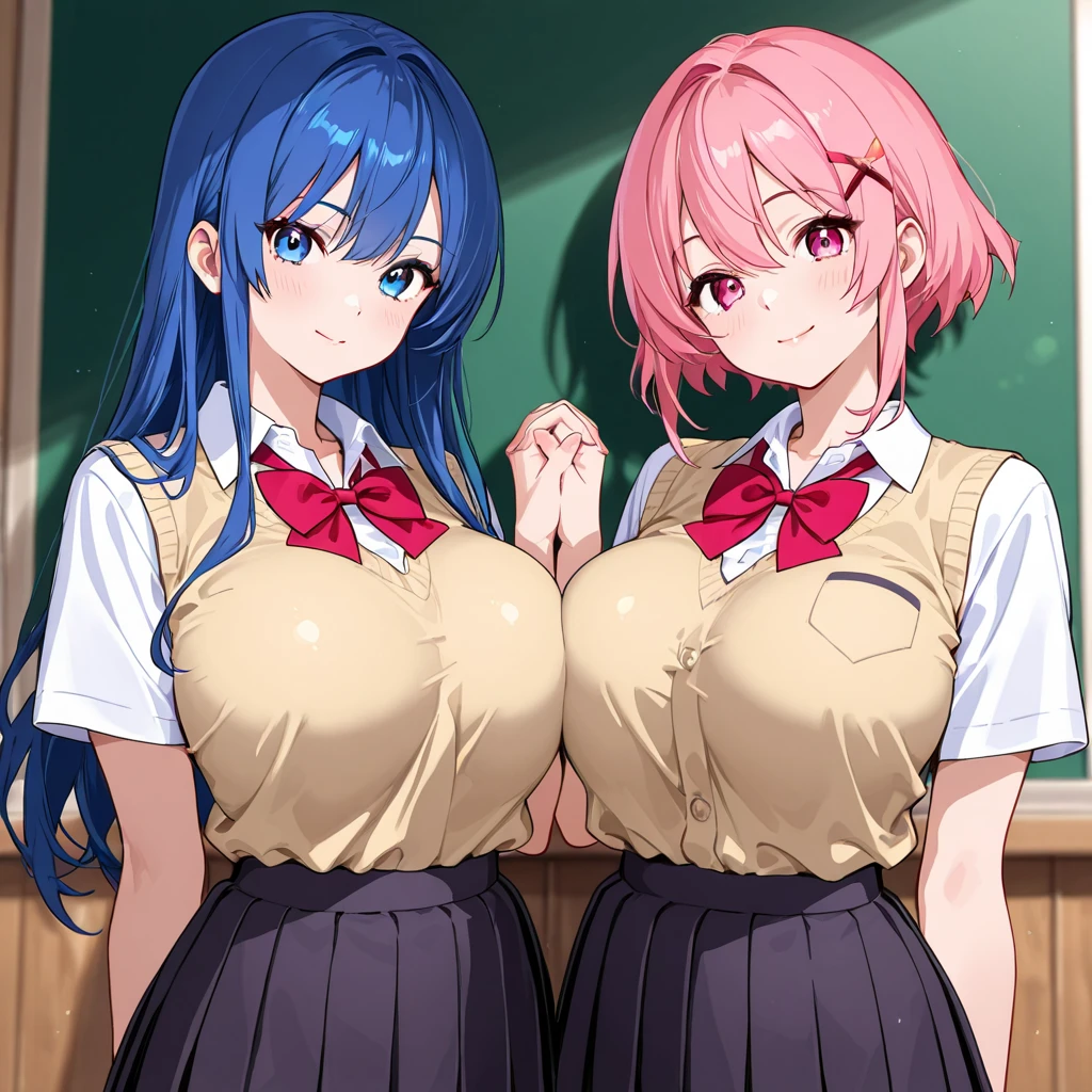Kochou Shinobu, ganyu,front view,2girls, masterpiece, best quality, highres, JK,huge tit,full body,breasts,looking at viewer,smile,pleated skirt,shirt tucked in,skirt,tented shirt,bowtie,in school