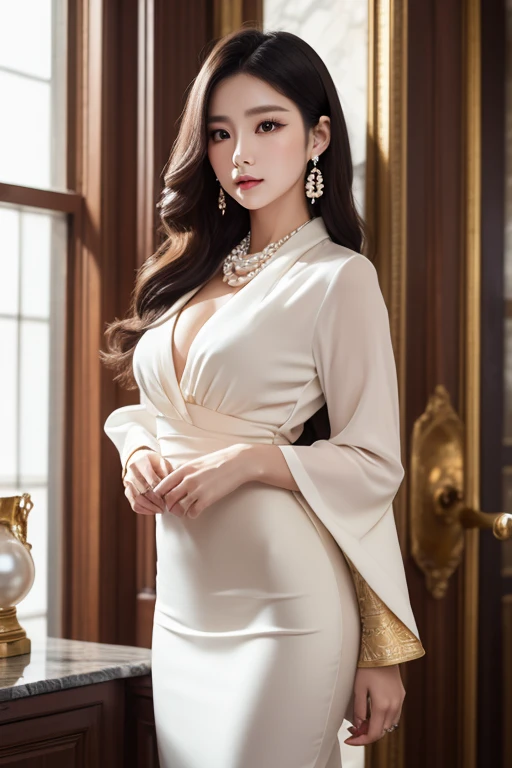 Marian Rivera, 30 years old , ((gigantic breast:1.3)), beautiful young lady, Nikon Z 85mm, ((best quality)) ((masterpiece)), intricate detail, sharp focus, professional, realistic, real life, hyperreal, photorealistic, fine detail, best quality, very Detailed CG unity 8k wallpaper, perfect artwork, Full body, shiny hair, glowing eyes, shiny skin, realistic, perfect female hourglass figure, thin waist, wide buttocks, looking at viewer, extremely delicate and beautiful, best quality, beautiful detail girl, beautiful eye detail, face lighting, film lighting, perspective, revealing buttocks, perfect collarbone, golden ratio face, realistic facial expression, (exquisite detail, makeup, (exquisite beautiful exquisite face, delicate and beautiful eyes, a face with perfect proportions, high-detailed skin,((wearing tight Silk beige long closed Ao Dai with closed hijalosed breast)), ((closed clothes), ((polite clothes)), luxury hotel bedroom.