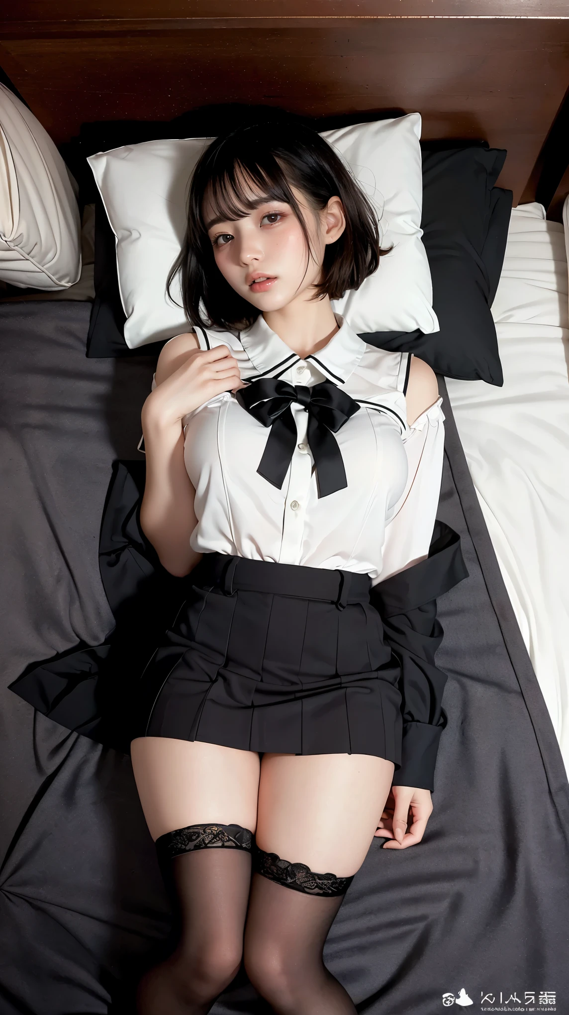 8K RAW photo, high resolution, ful body, 18 year old cool Korean, big round breasts, school uniform, tie, tie ribbon, blazer, skirt, beautiful eyes in detail, long eyelashes, beautiful double eyelids, eye shadow, slit eyes, sanpaku eyes, dark eye makeup, smile, ((teeth)) open mouch, beautiful thin legs, ((black short socks)), black hair, ((white hairband)) long hair, round, earrings, bed, lying, ((hands behind head)), spread legs, black panties, dark brown leather school shoes, legs, feets,