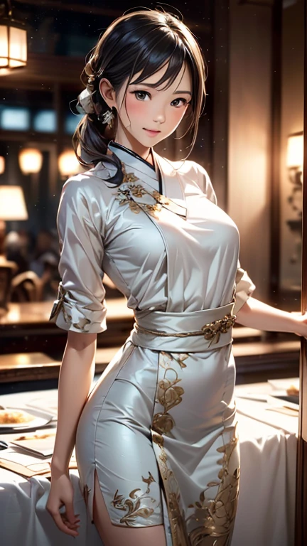(Best quality, Masterpiece, Extremely detailed CG, Game CG:1.5), full bodyesbian,1 girl,An extremely delicate and beautiful girl, Extremely detailed eyes and face, beautiful detailed glow,Lagasprín，on cheongsam，Medium breast, illustration, Cinematic lighting, Best shadow,(White background:1.3)