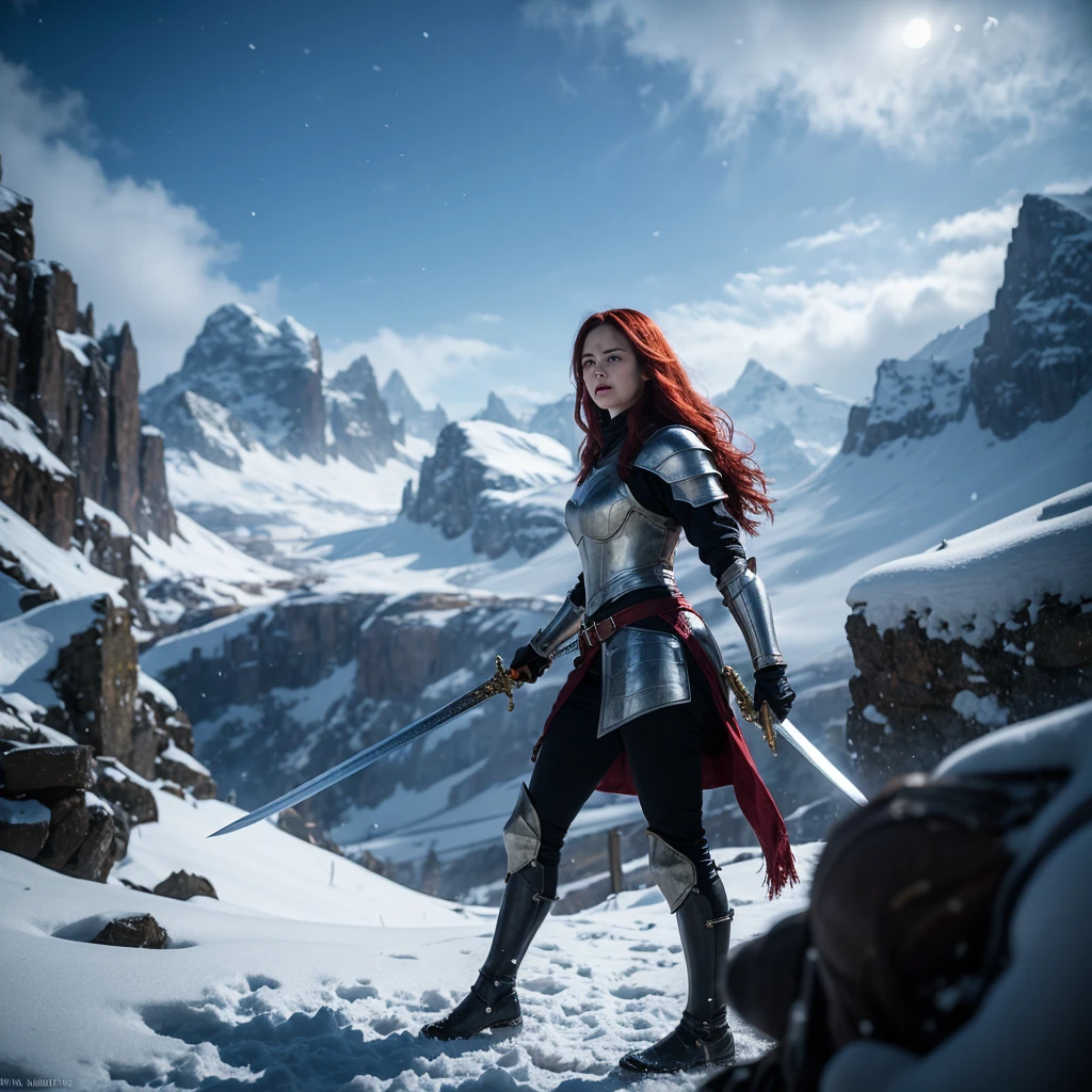 Intricately detailed, professional photograph, medium action shot of (beautiful Nordic female warrior) running up snowy hill, red_hair, (wearing heavy [medieval:fantasy:20] armor), standing, outside on a snowy mountain, (fluffy snow flakes falling from the sky), snow on armor, toned physique, perfect eyes, volumetric fog, shallow depth of field, cinematic lighting, lingering golden rays of sunset on a cloudy winter day, raytracing, subsurface scattering, photographed on a Canon EOS-1D X Mark III, (highly detailed:1.2), (hard focus), HDR, 8k resolution