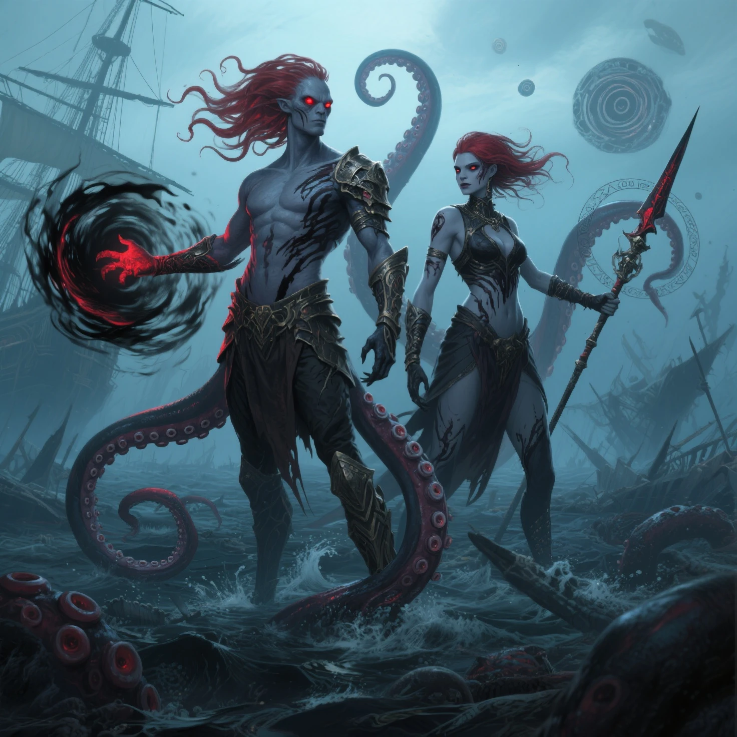 A sea monster with an octopus-shaped head and ((multiple hair-like tentacles)), a (((human body))),(( full body)) (in high definition) with (realistic textures) and (glowing highlights). The character can be referenced from the games "Baldur's Gate" and "Dungeons & Dragons," showcasing a range of expressions and poses in the same image from multiple angles.