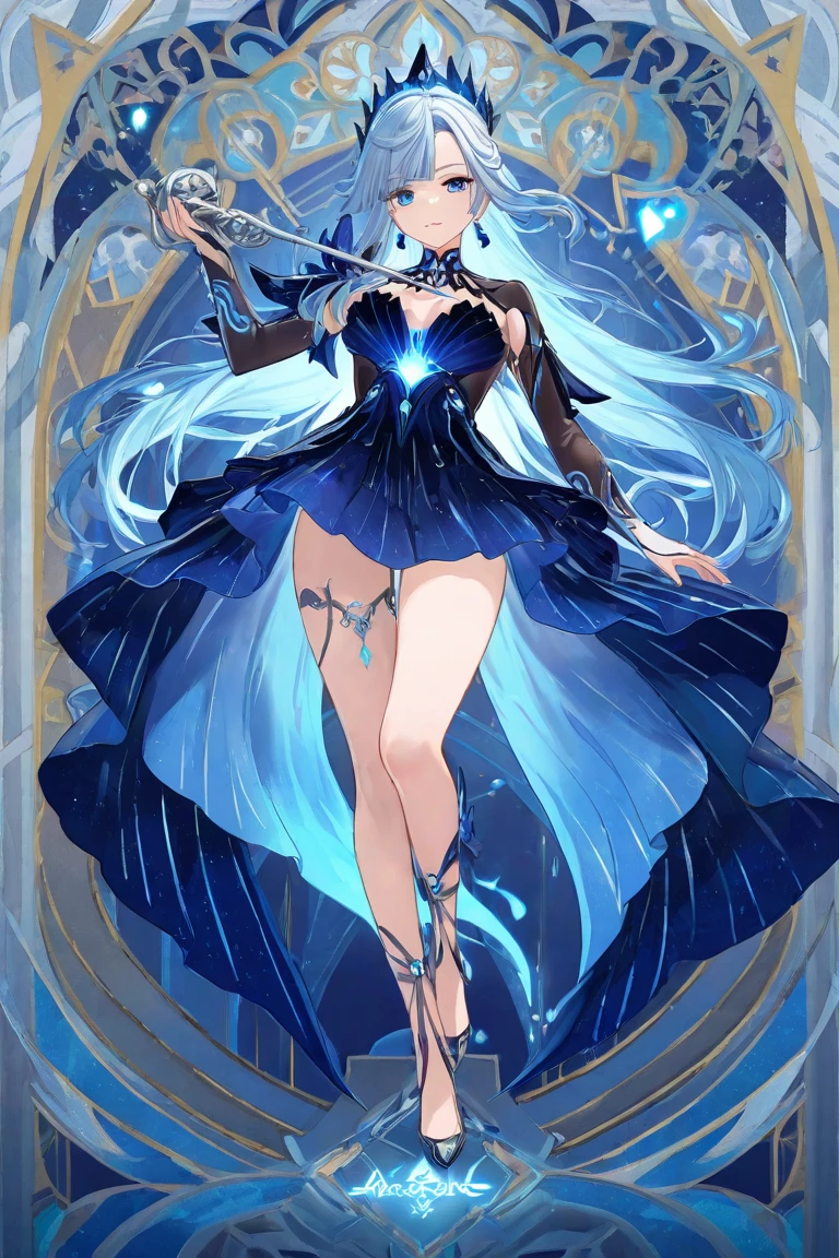 Ultimate Douluo Bai Xiuxiu，Goddess of Ice，Snow blue lace hollow camisole bra，Ice blue lace hip skirt，Navy blue suspender tight lace hollow evening dress，Ice blue hair，Exquisite beauty，Blushing Lolita full body photo
