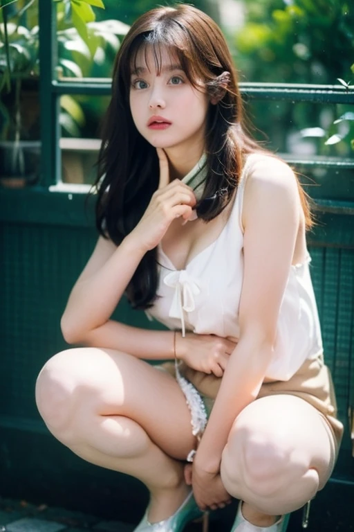 Highest quality, 16K high resolution, super detailed, masterpiece, Capture directly, reality:1.4, surreal:1.4, Sharp focus, very delicate and beautiful, small detail, 1 female, (Asia:1.2), (red hair), (tie your hair to the right), (spread) your leg:1.3), (no underwear:1.3), (NSFW:1.1), (groin sitting and peeing on the table), (supper beautifull), (Nice face:1.5), (Hair tied in 2 ponytails, wear socks), (detailed face), (beautiful and beautiful eyes), Perfect round eyes, (detailed lips), Lipstick, (eye liner), mascara, eye shadow, (White pen skirt see through white vest), White shirt, tie, At NSFW, big breasts, pink nipples, The girl inserted her hand into her vagina, girl touching her chest, gun, big breasts F cup, groin sitting and peeing on the table ăn, piss
