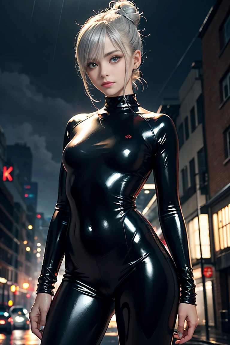 sci-fi. futuristic scenario. detailed beautiful emma watson as a sexy future soldier. blonde. freckles. sparkly blue eyes. sweating. slender frame and beautiful figure. sitting on roof edge. red neon lit bodysuit. . background flying cars.