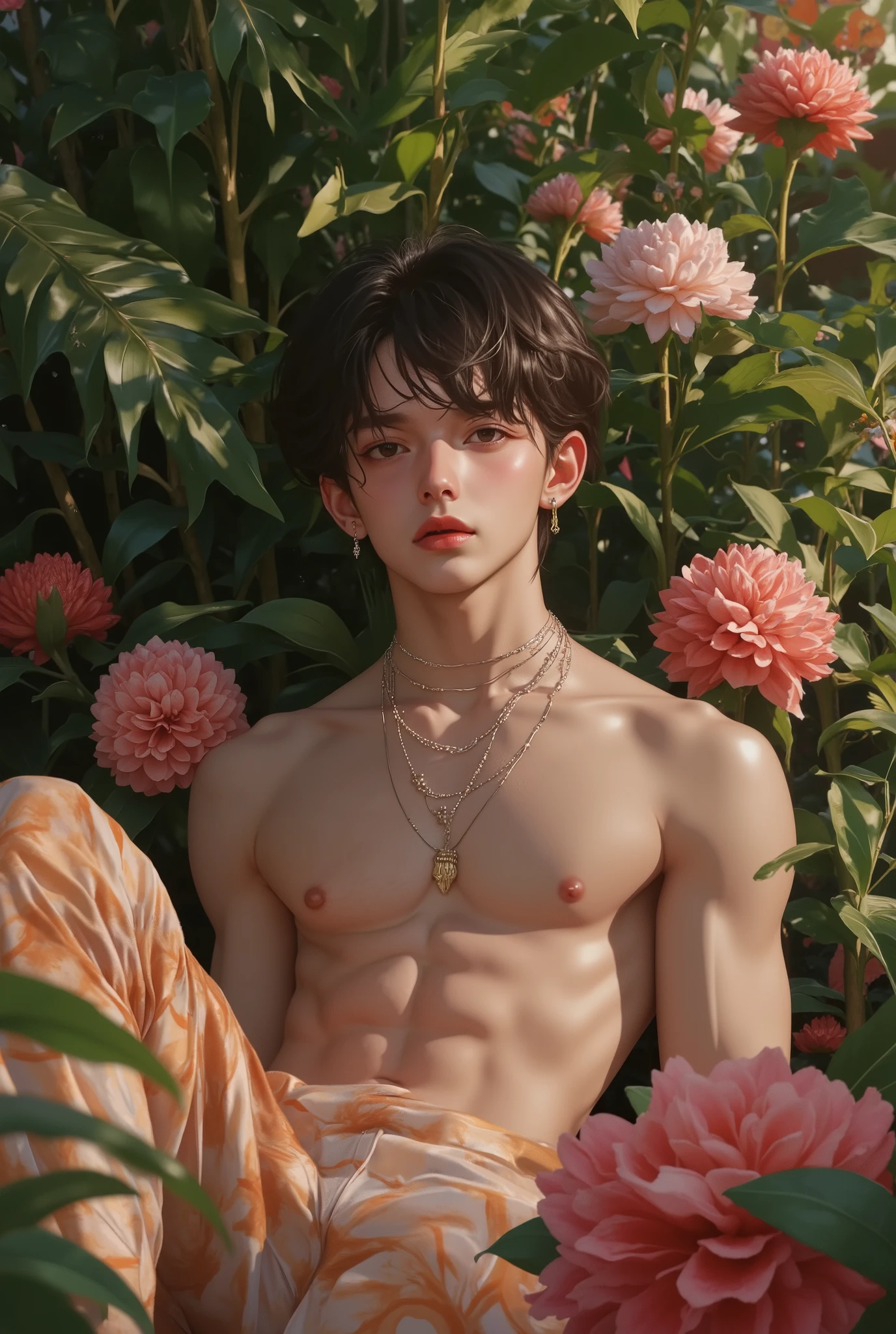 a young male model, athletic build, shirtless, ripped
young muscular white pale skin boy,Flawless anatomy、shirtless . wearing thong, large puffy nipples, realistic, ideal male body,realistic, strong confident pose, lying in rose flower field, (best quality, 4k, 8k, highres, masterpiece:1.2), ultra-detailed, (realistic, photorealistic, photo-realistic:1.37), HDR, UHD, studio lighting, highly detailed eyes and face, vibrant colors, bokeh