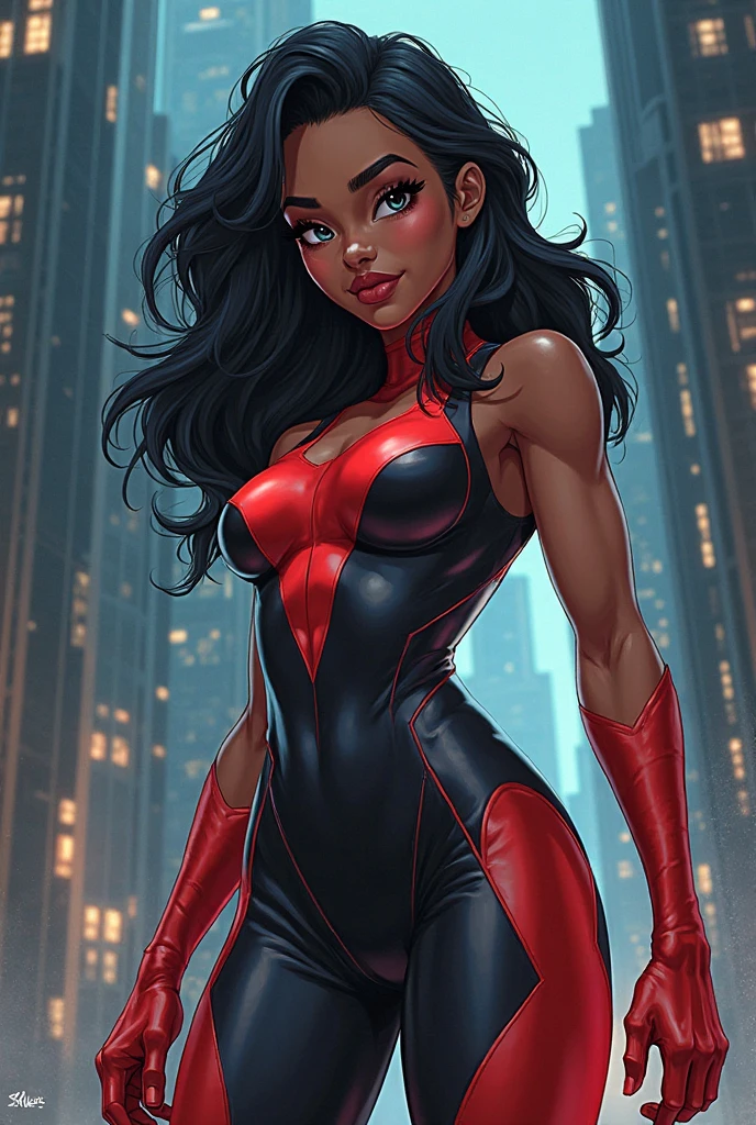 A silhouette of a teen girl wearing red Catwoman suit. Wavy hair. no head gear. Wearing red mascaraed mask. Holding a small gun and bow. Plain background. Semi-realism art. Holding a petunia flower 