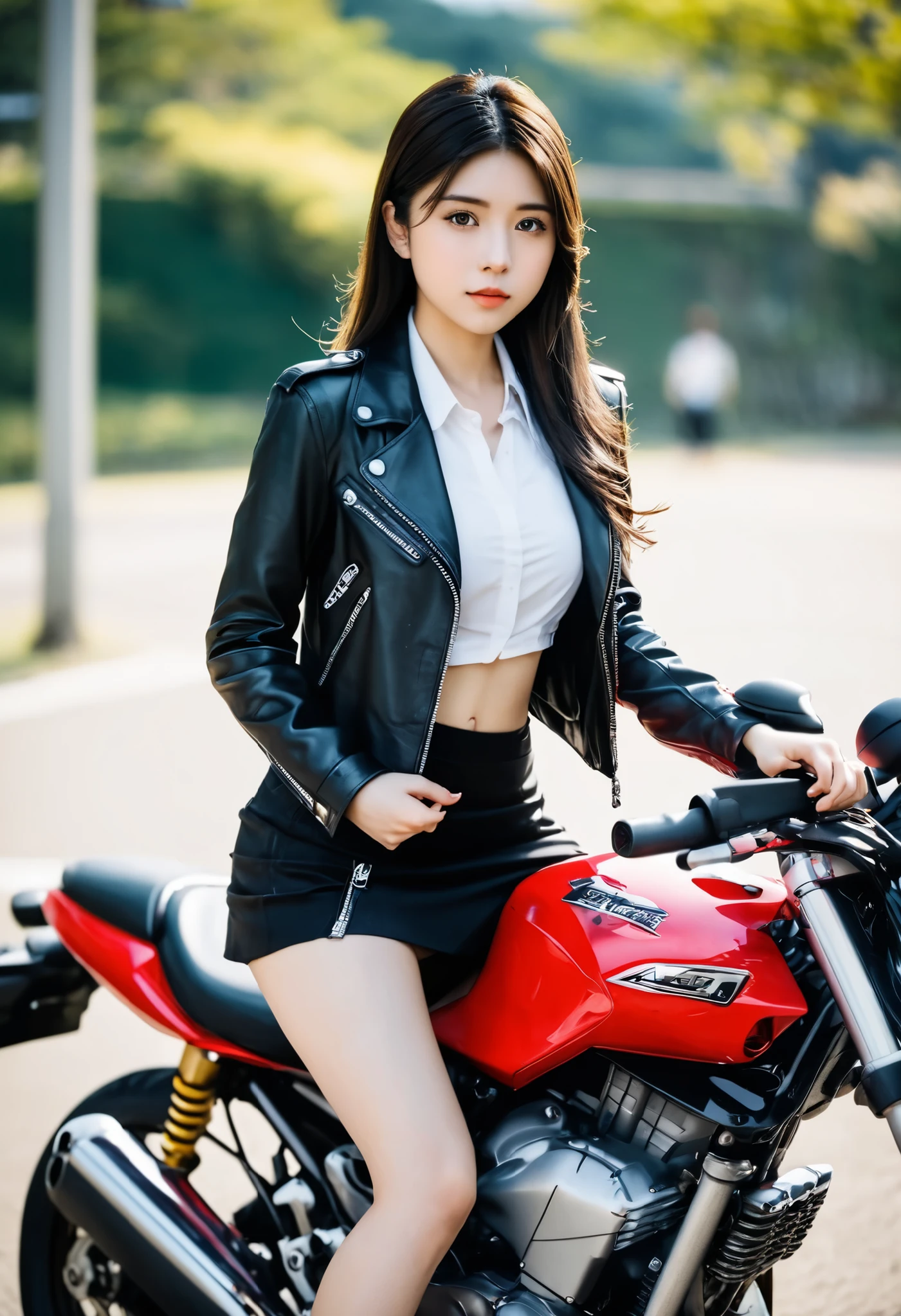 There is a woman wearing a red jacket sitting on a motorcycle., artwork in the style of Gweitz, Realなアートスタイル, Realistic art style, photoRealistic art style, 8k、RAW Photos、highest quality、Real、Photorealistic、Professional Lighting、mix4、20d、Beautiful age Woman、1 female、Big beautiful eyes、Larger breasts