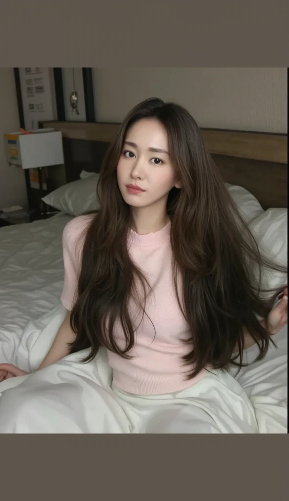 Cinematic photo, 1 beauty: 1.2, pale pink sweater, long brown hair, super detailed face, sitting on white sofa, background: sea resort, outdoor, sunlight, camera gaze