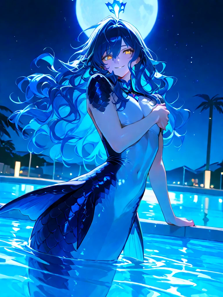 Mermaid girl, city at night, river, fireworks