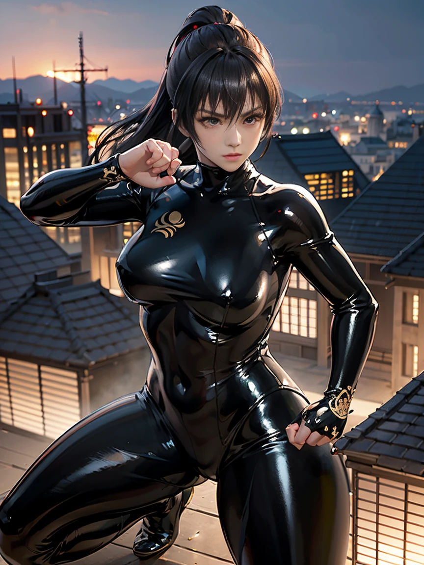 1girl, medium breasts, leotard, bare legs, tight belt, boots, gloves, city backdrop, solo, single, hands on hip, standing, full body shot, cowboy shot, superhero, beautiful detailed eyes, mature lady, star symbol on chest