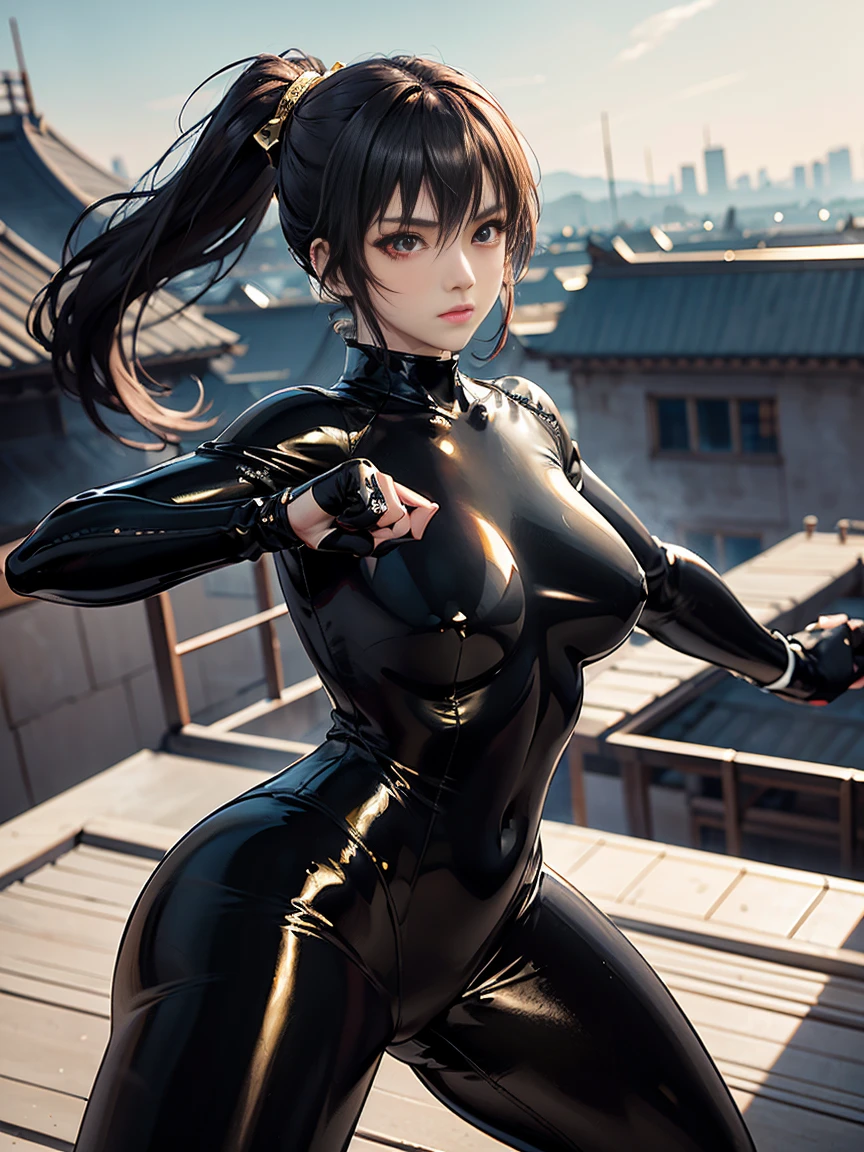 There is a woman in a black latex suit posing on the windowsill, seductive anime girls, an oppai cyberpunk, Sexy pose, Anime girl cosplay, beautiful and seductive anime woman, thicc, alluring tipha lockhart portrait, Range Murata and Artgerm, Tifa Lockhart, beautiful anime girl crouching, sexy dominant pose, Sexy girl, Very sexy pose, ff Tifa