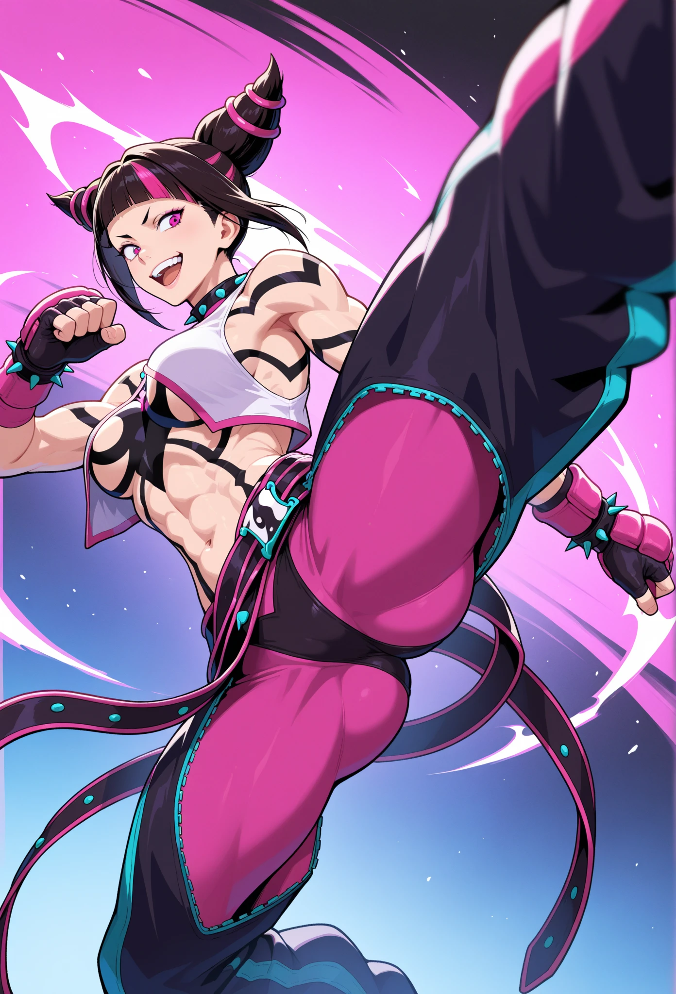 SFW, 30 year old woman, sexy mature asian woman, oval face, detailed face and eyes, beautiful purple iris, white eyeballs, JURIMS, SFIV, hair horns, extremely delicate lips,  (very suggestive smile:1.2), evil smile, wicked smile, smirk, angry fighting pose, baggy white pants, leg kicking high in air, thick thighs, barefoot, medium breasts, purple eyes, long eyelashes, thick eyelashes, 8k uhd, HDR ,extremely detailed CGunity 8k wallpaper, city street, crowd of people, full body, wide angle, sigma 35mm lens, full body, (8k), (4k), looking at viewer,