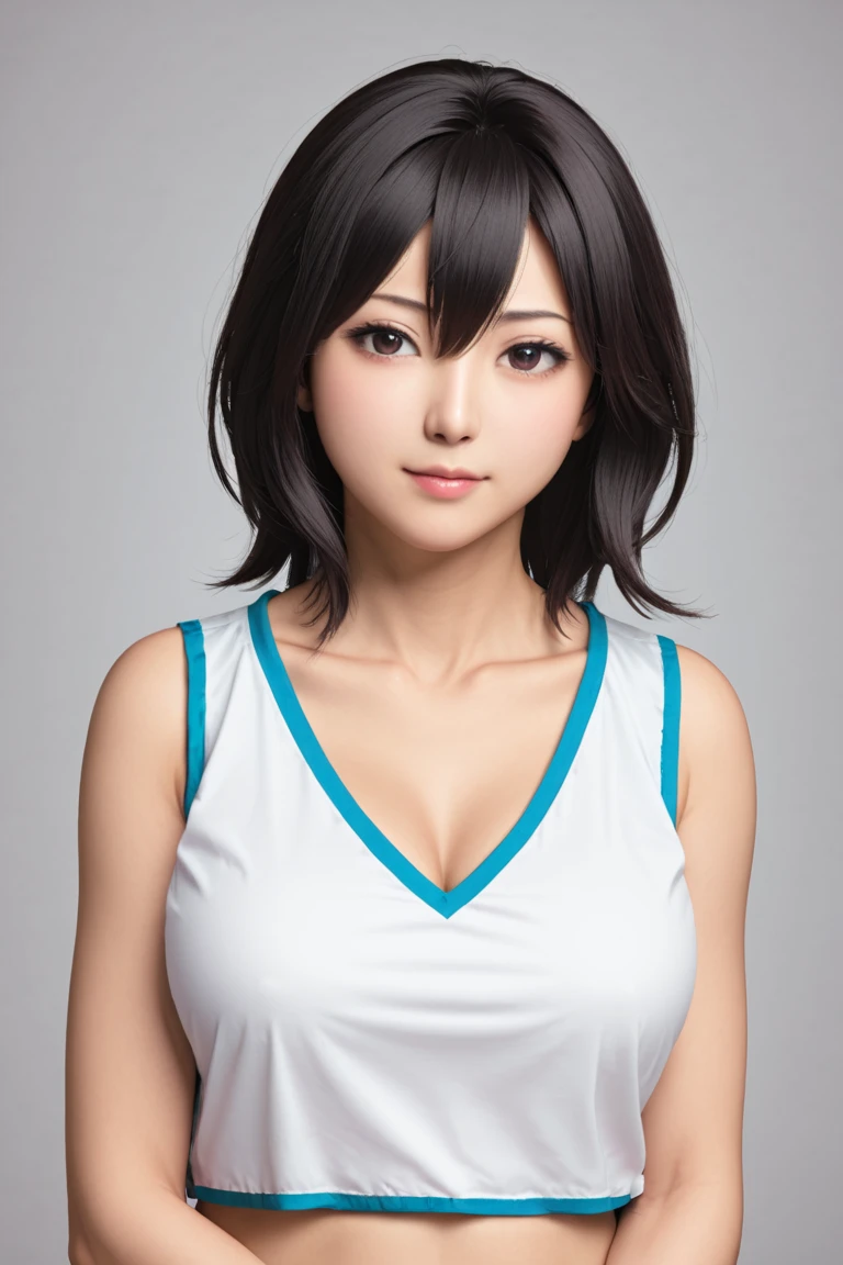 score_9,score_8_up,score_7_up,(pastel-color),(high brightness colors),Cute 20-year-old Japanese 1 girl,solo,(8k, masterpiece, ultra-detailed, best quality, ultra high res, newest, very aesthetic, absurdres, illustration, perfect composition),(hires),looking at viewer,black hair,shiny skin,fair skin,(upper body:1.5),toothless smilev,emphasizing her curvy body and large breasts,(ninja:1.5)
