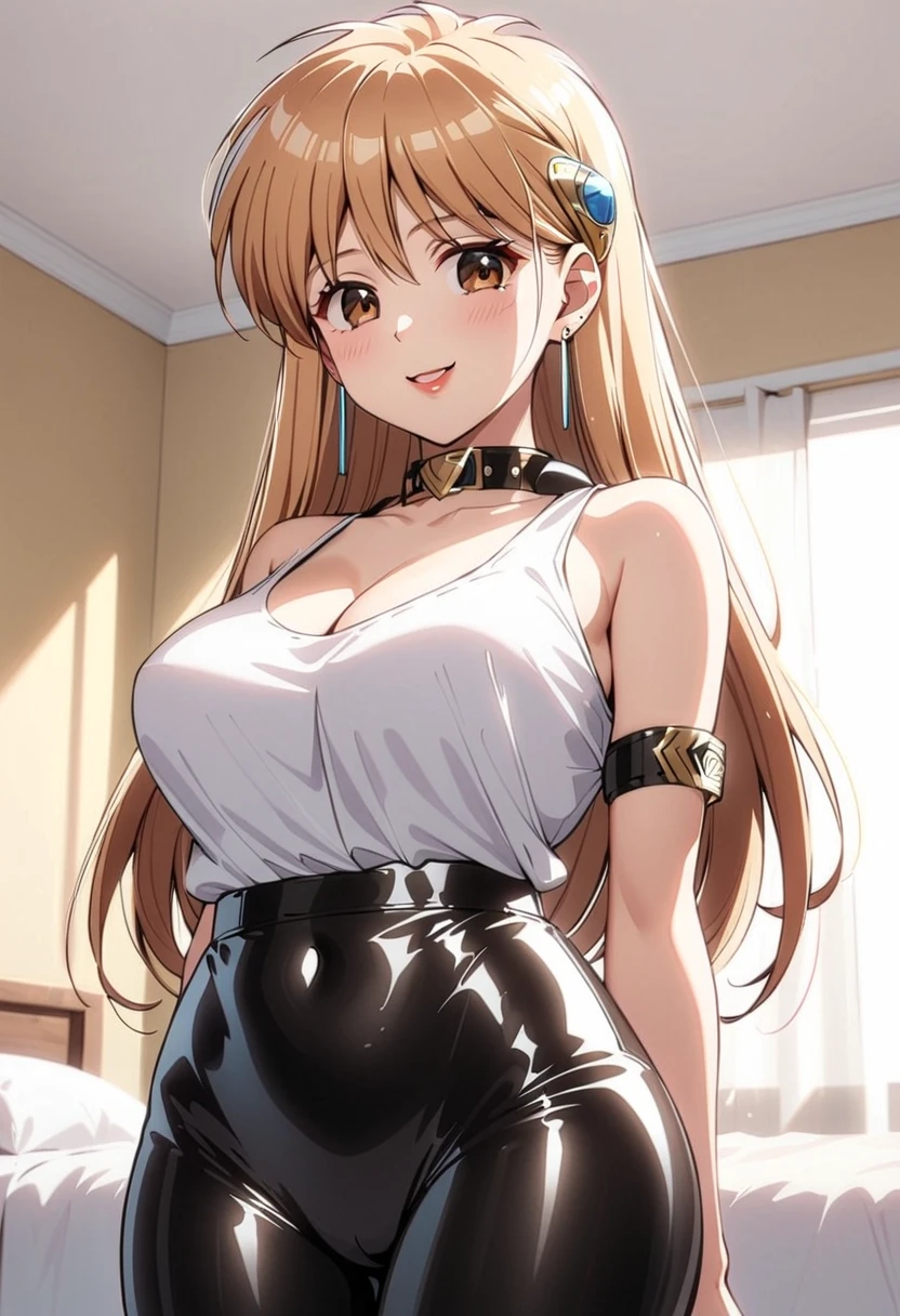 ((super high quality,))((Ultra-high resolution,))(16K,)(super masterpiece,)((Ultra HD ,))(Detailed shading,)One sexy woman,popped Tight collar Yellow shirts,Long sleeve,Cleavage,Black tight skirt,Crescent Necklace,Ecstatic smile,blush,Lean forward diagonally,