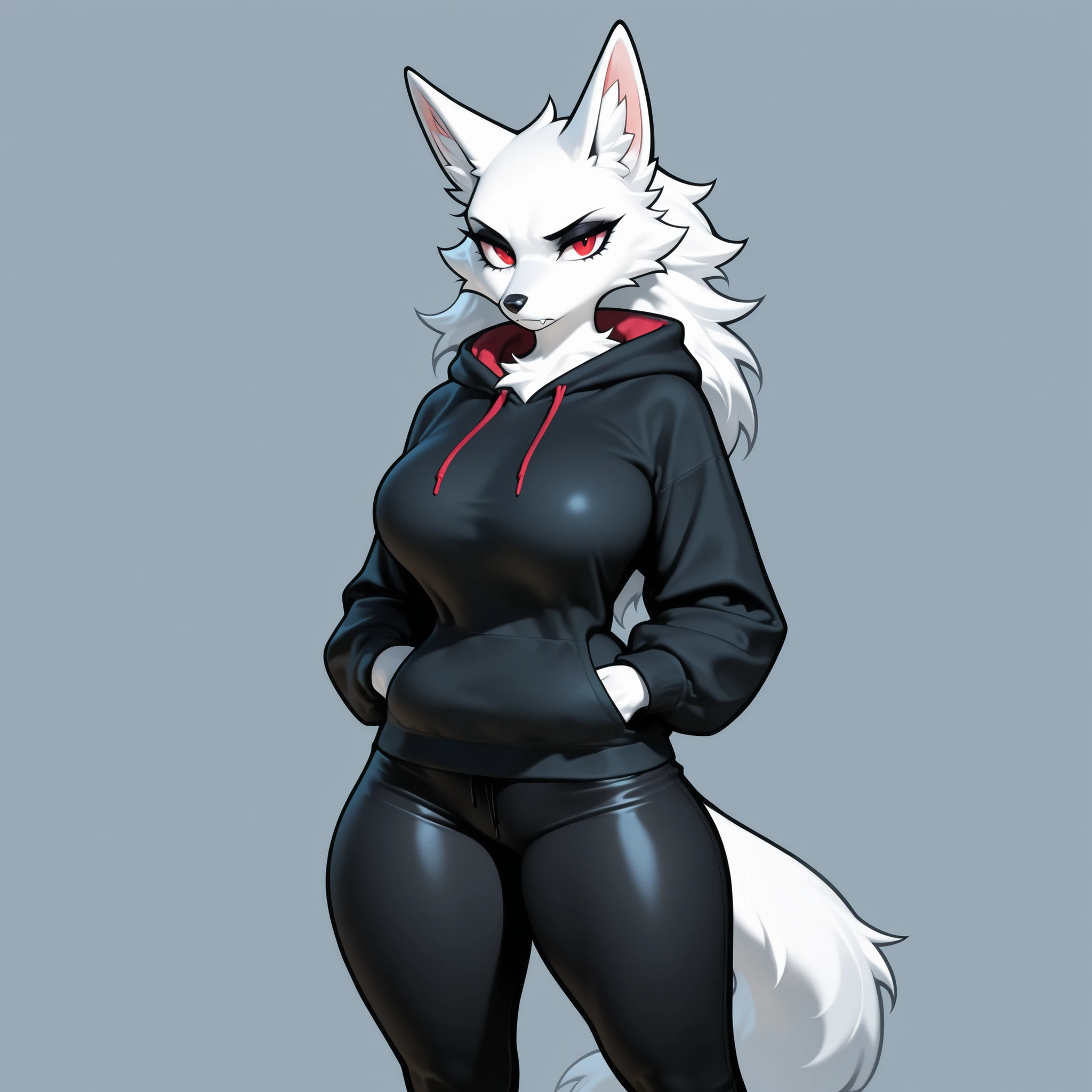 (((Masterpiece))), (((Best Quality: 1.4))), ((Super Detail: 1.4)) , Female, full breast, hoodie cutout, standing, wolf, 4k, 8k, cleavage,