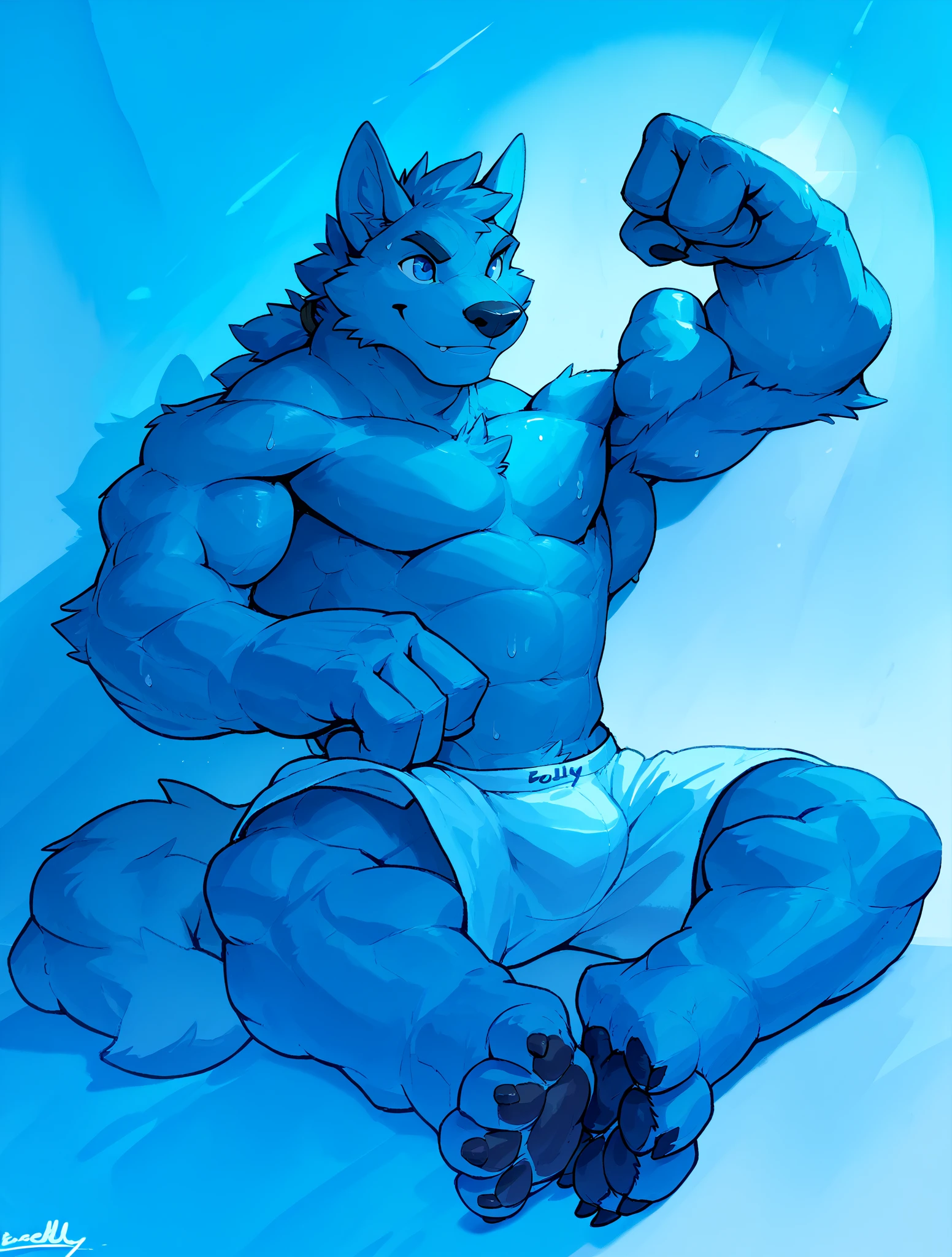 A furry male Samoyed, solo, is lounging on a couch with a thoughtful expression, wearing only cyan boxers in an NSFW setting. His shaggy coat is a rich blend of white and cream fur, contrasting against the vibrant color of his underwear. With a paw resting under his chin, he ponders intently, deep in thought. The room around him is dimly lit, with neon blue accents casting an ethereal glow over his muscular form. His eyes are a piercing blue, reflecting the intensity of his inner turmoil. The atmosphere is dramatic, filled with a sense of tension and intrigue. The backdrop is an abstract, sur