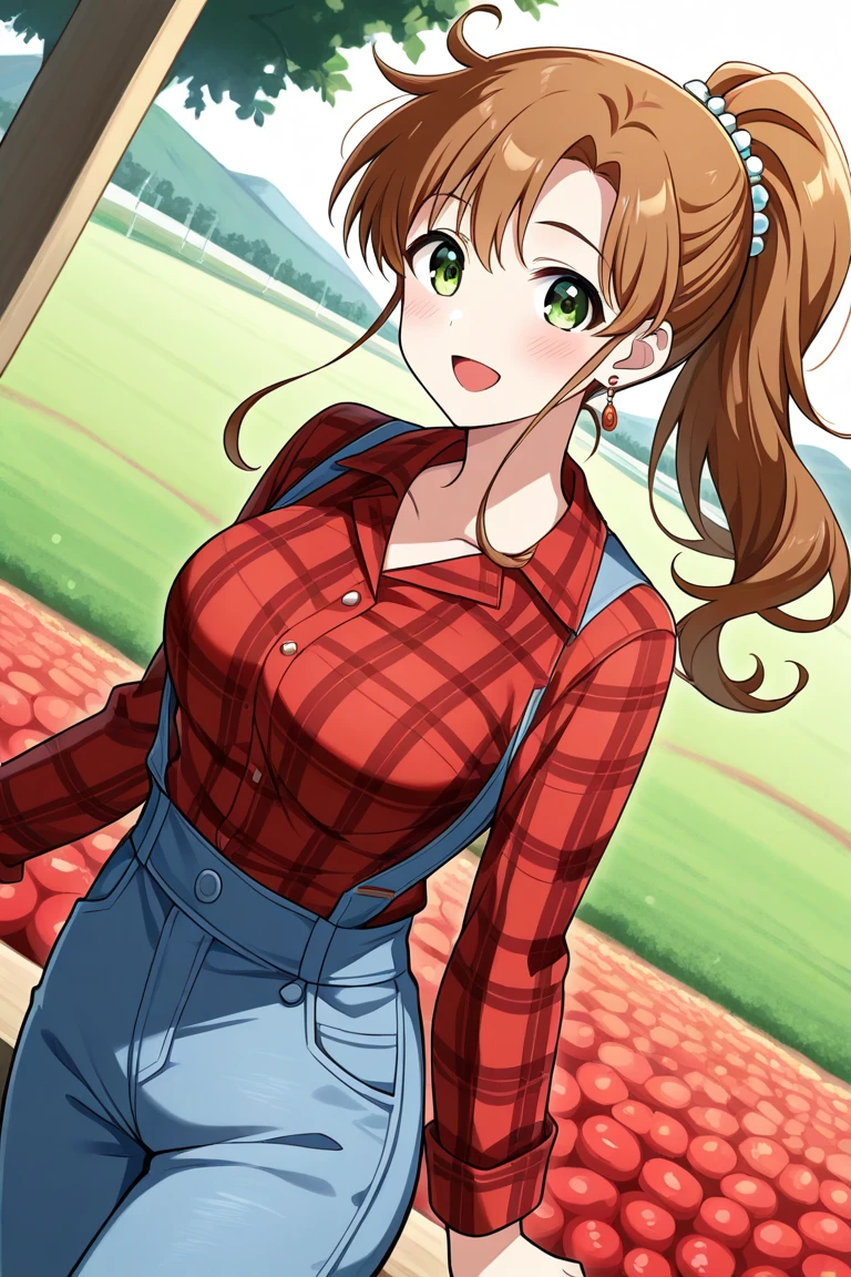 masterpiece, best quality, 1girl, solo, sitting, freckles, slut, farm, farmgirl, big breasts, smile, (pulled up top), nipples, (detailed pussy), by tekuho, spread legs, ginger, slut, spread legs, pubic hair, young girl,