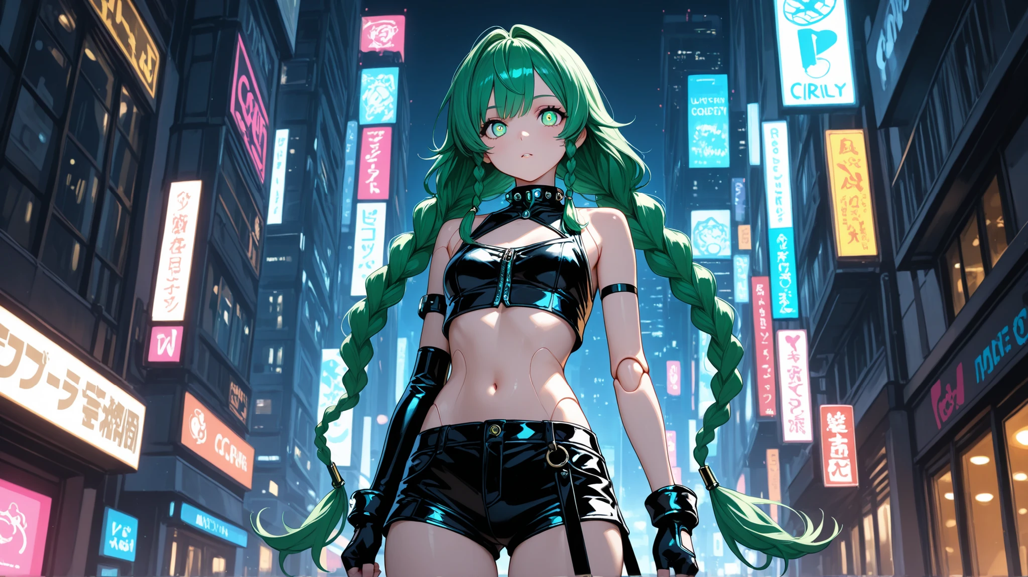 1girl, ultra-detailed, master piece, best quality, high resolution, beautiful eyes, detailed face, symmetrical clear eyes, cyber punk city in the background at night, long hair, gloves, bare shoulders, very long hair, green eyes, braid, green hair, shorts, black gloves, fingerless gloves, twin braids, crop top, short shorts, black shorts, joints, small breasts