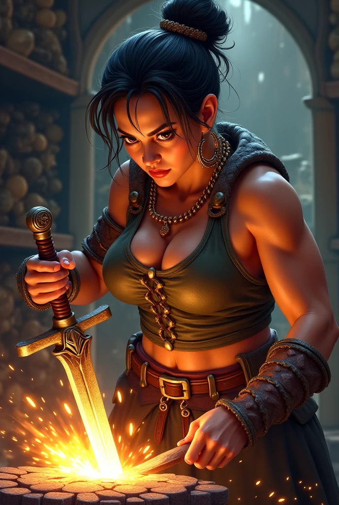 fantasy painting, medium shot of a beautiful female blacksmith, swinging hammer, anvil, forge, grunge, sweat, wet skin, tired, exhausted, medieval, hd, ultra detailed